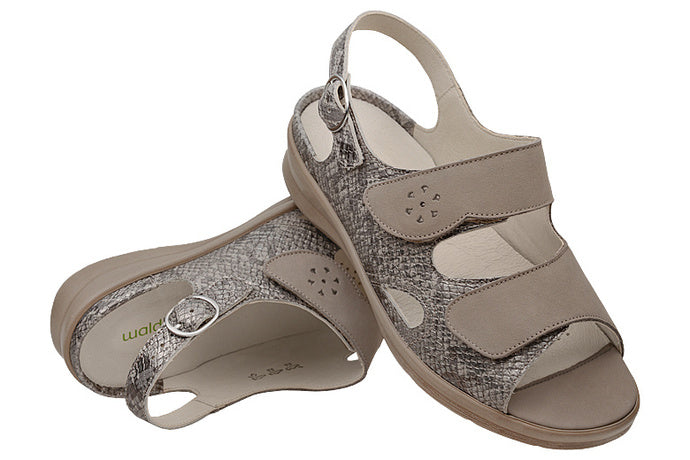 Waldlaufer Merle 811004 Ladies EXTRA WIDE FIT Nubuck Double Strap Wedge Othortic Sandal Taupe/Snake