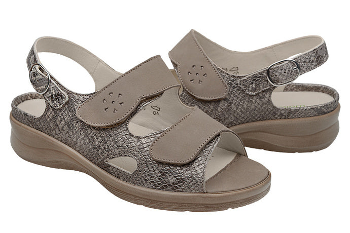 Waldlaufer Merle 811004 Ladies EXTRA WIDE FIT Nubuck Double Strap Wedge Othortic Sandal Taupe/Snake