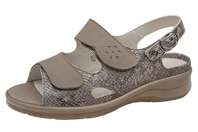 Waldlaufer Merle 811004 Ladies EXTRA WIDE FIT Nubuck Double Strap Wedge Othortic Sandal Taupe/Snake