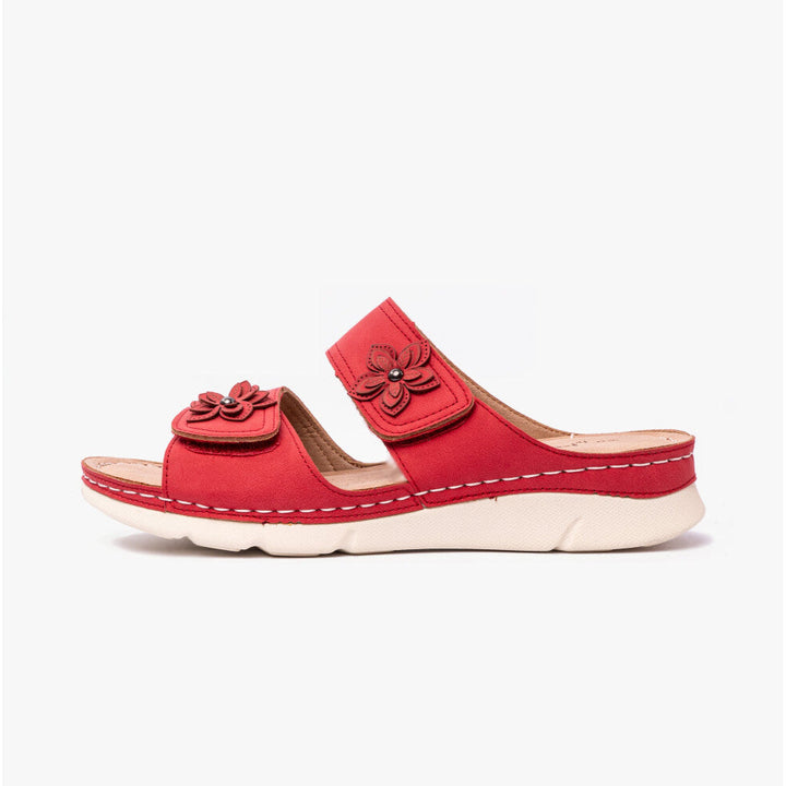 Dr. Keller Molly Womens Wide Fit Double Touch Fasten Light Weight Mule Sandals With Flower Detailing Red
