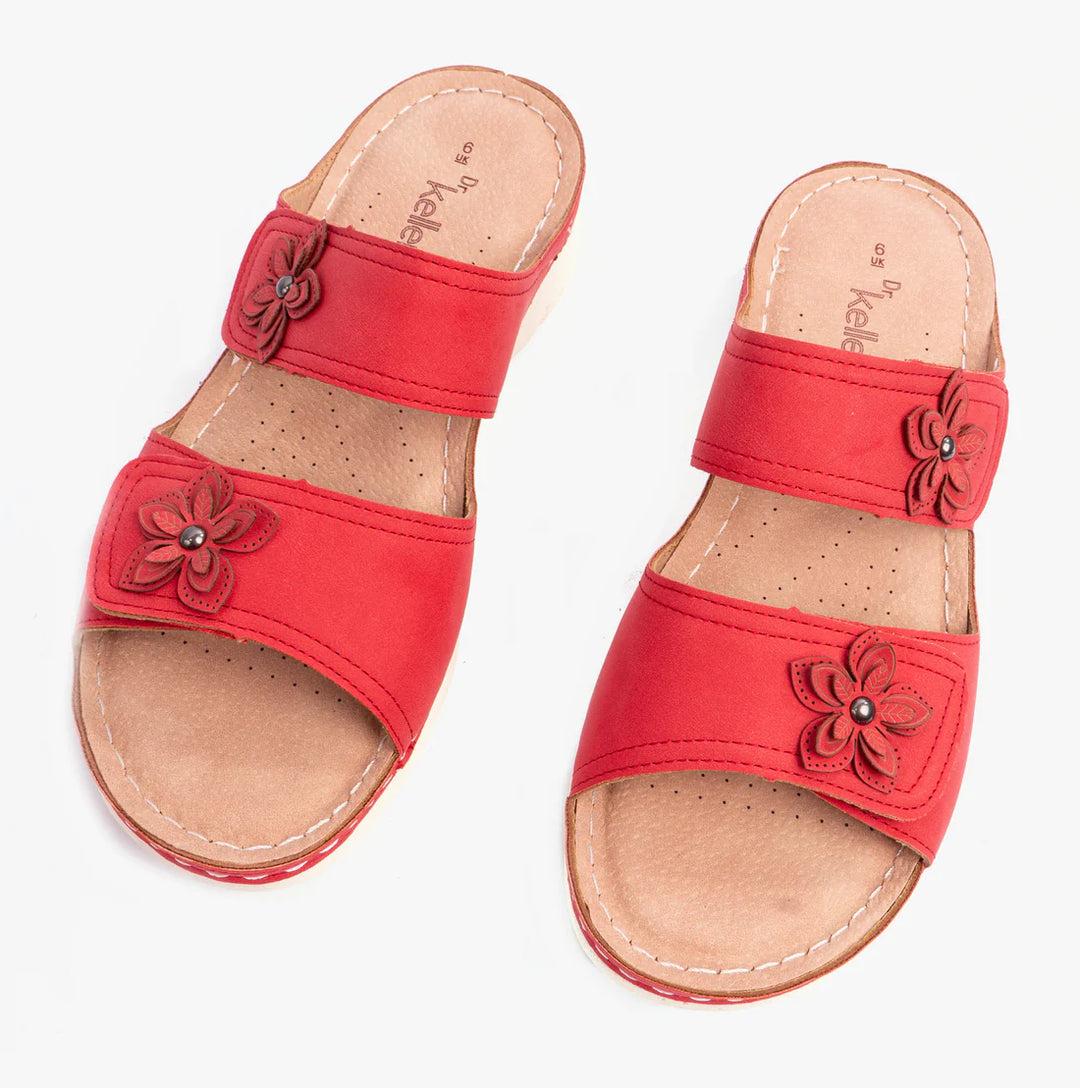 Dr. Keller Molly Womens Wide Fit Double Touch Fasten Light Weight Mule Sandals With Flower Detailing Red