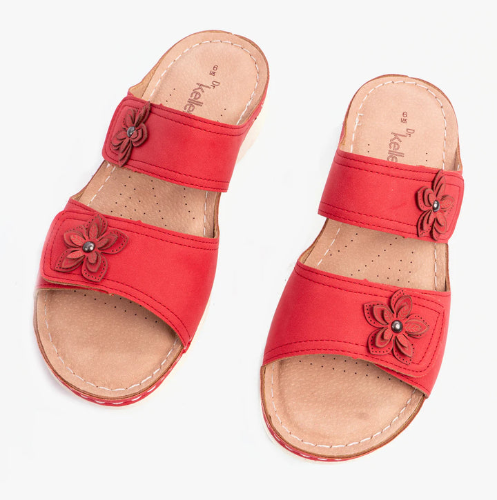 Dr. Keller Molly Womens Wide Fit Double Touch Fasten Light Weight Mule Sandals With Flower Detailing Red