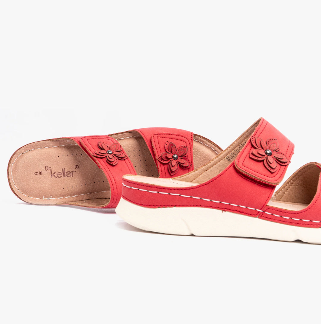 Dr. Keller Molly Womens Wide Fit Double Touch Fasten Light Weight Mule Sandals With Flower Detailing Red