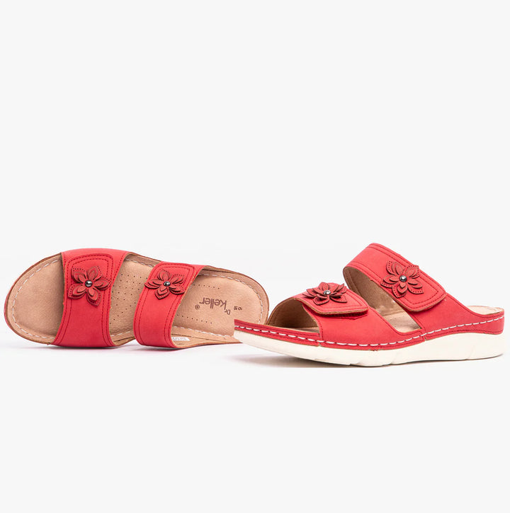 Dr. Keller Molly Womens Wide Fit Double Touch Fasten Light Weight Mule Sandals With Flower Detailing Red
