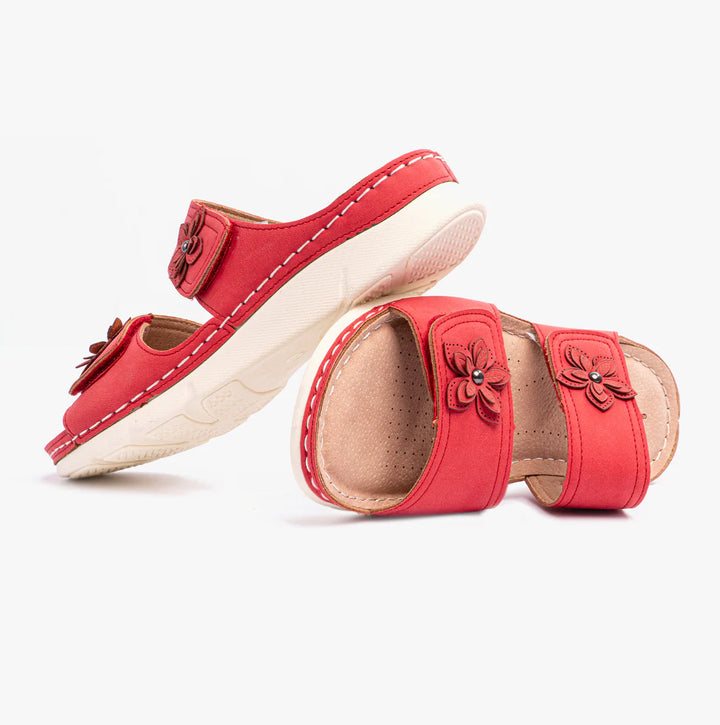 Dr. Keller Molly Womens Wide Fit Double Touch Fasten Light Weight Mule Sandals With Flower Detailing Red