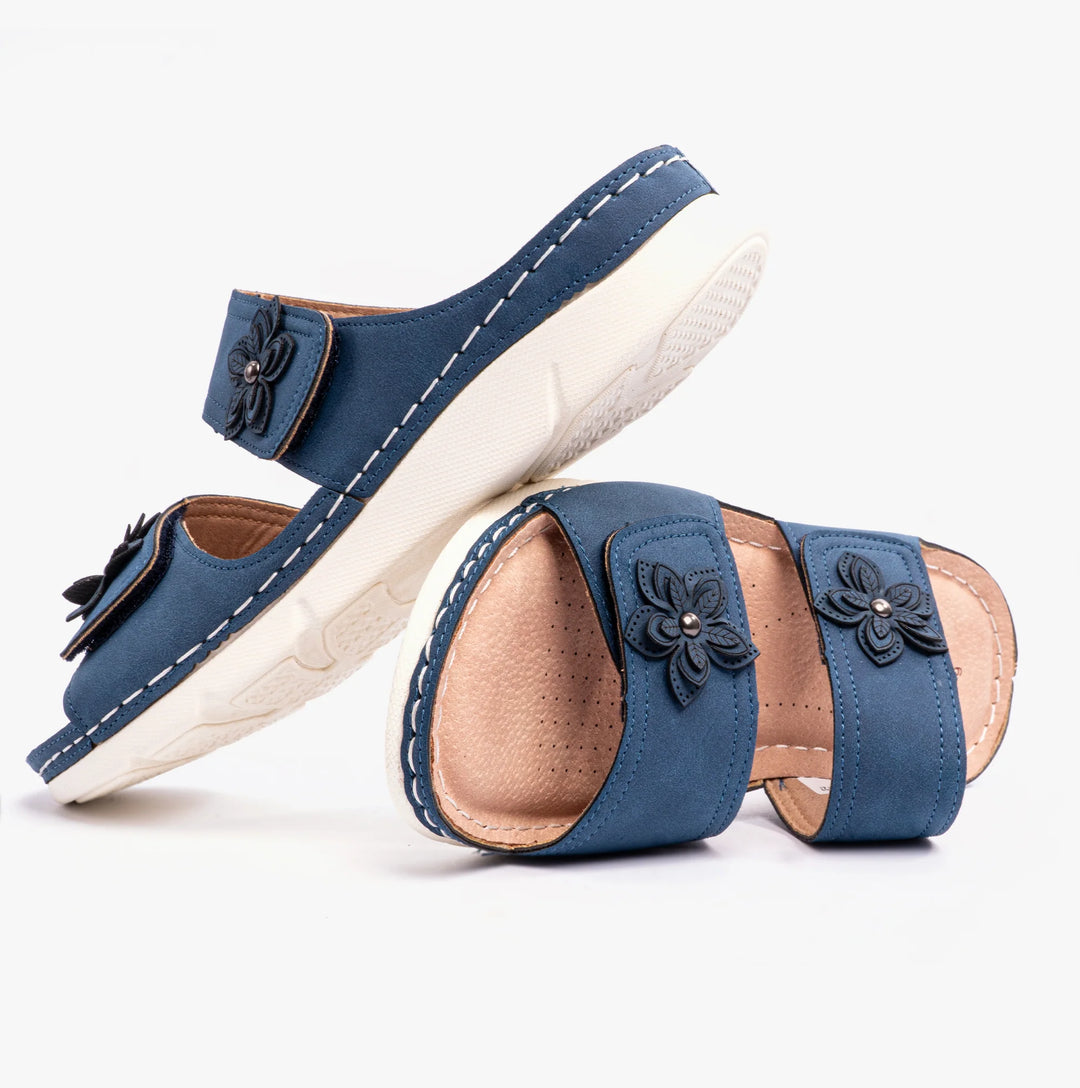 Dr. Keller Molly Women's Double Touch Fasten Light Weight Mule Sandals with Flower Detailing Navy