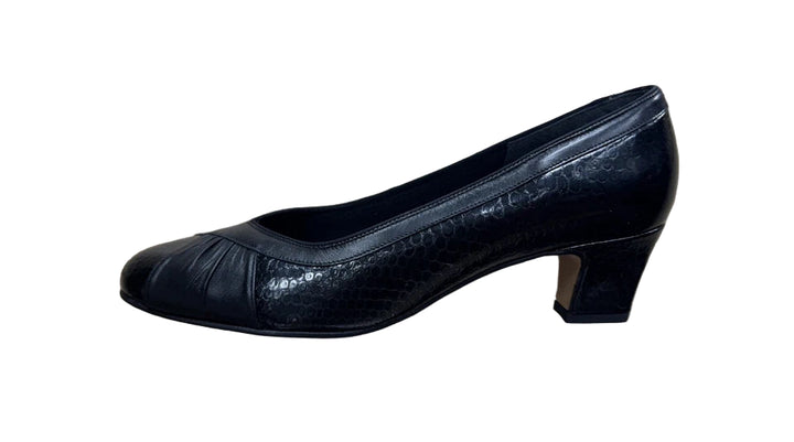 Equity Monica Ladies WIDE E FIT Classc Black Snake Leather Mid Heel Court Shoes Vintage Style (Copy)