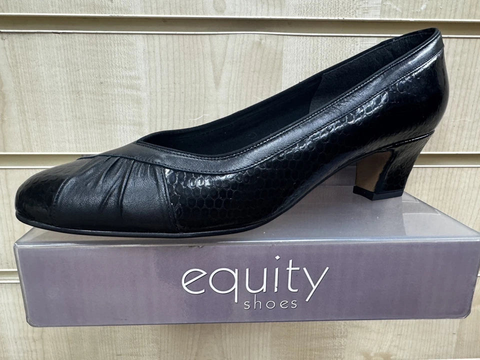 Equity Monica Ladies WIDE E FIT Classc Black Snake Leather Mid Heel Court Shoes Vintage Style (Copy)