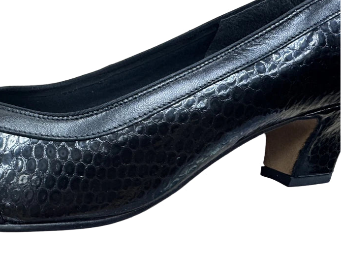 Equity Monica Ladies WIDE E FIT Classc Black Snake Leather Mid Heel Court Shoes Vintage Style (Copy)