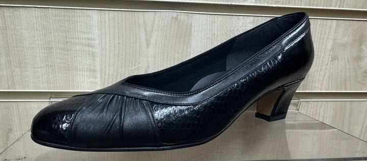 Equity Monica Ladies WIDE E FIT Classc Black Snake Leather Mid Heel Court Shoes Vintage Style (Copy)