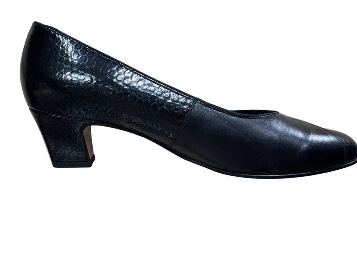 Equity Monica Ladies WIDE E FIT Classc Black Snake Leather Mid Heel Court Shoes Vintage Style (Copy)