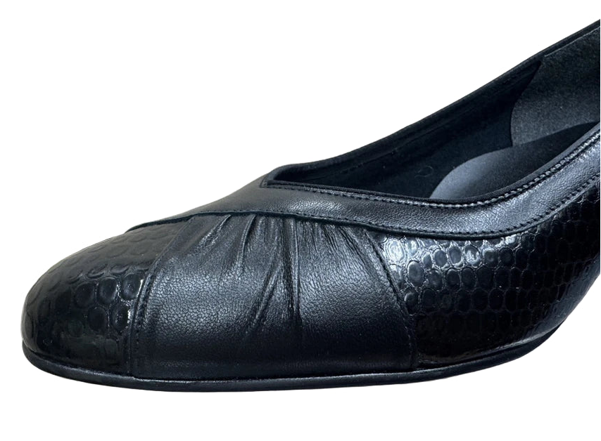 Equity Monica Ladies WIDE E FIT Classc Black Snake Leather Mid Heel Court Shoes Vintage Style (Copy)