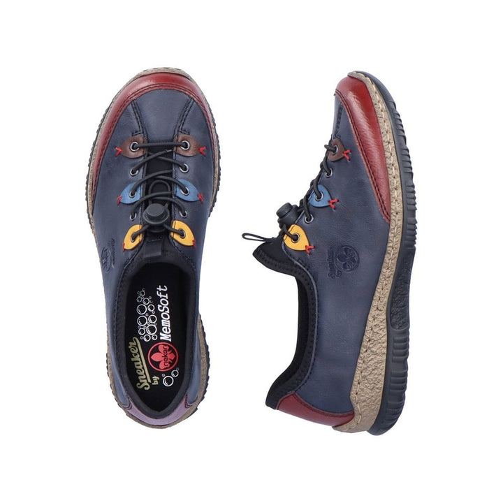 Rieker N3271 Antistress Ladies Leather Slip On Casual Shoes With Elasticated Toggle Fastening Blue Combination
