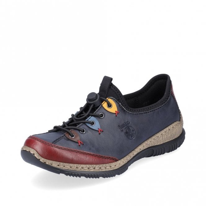 Rieker N3271 Antistress Ladies Leather Slip On Casual Shoes With Elasticated Toggle Fastening Blue Combination