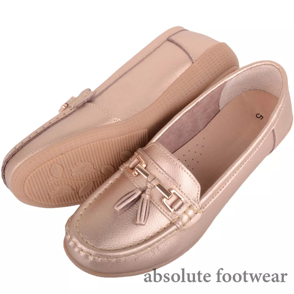 Nautical Womens Leather Slip On Loafers Moccasin Flat Shoes With Tassels Light Metallic Bronze