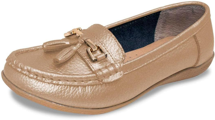 Nautical Womens Leather Slip On Loafers Moccasin Flat Shoes With Tassels Light Metallic Bronze