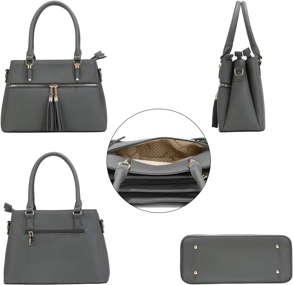 Ladies Grey Colour Faux Leather Grab Handle/ Shoulder Bag With Detachable Strap