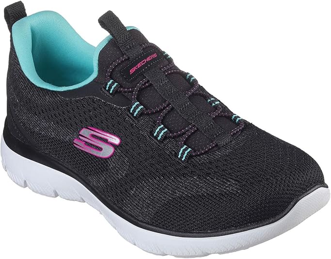 Skechers Summits New Nature Ladies Bungee Vegan 30% Recycled Slip On Trainers Extra Squishy Memory Foam Black/Aqua