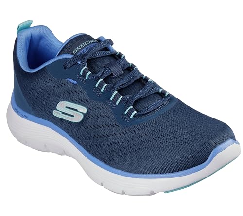 Skechers Flex Appeal New Path Ladies Lightweight Lace Up Wide Fit Trainers With Memory Foam Navy