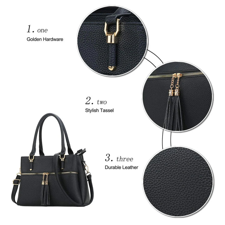 Ladies Black Colour Faux Leather Grab Handle/ Shoulder Bag With Detachable Strap
