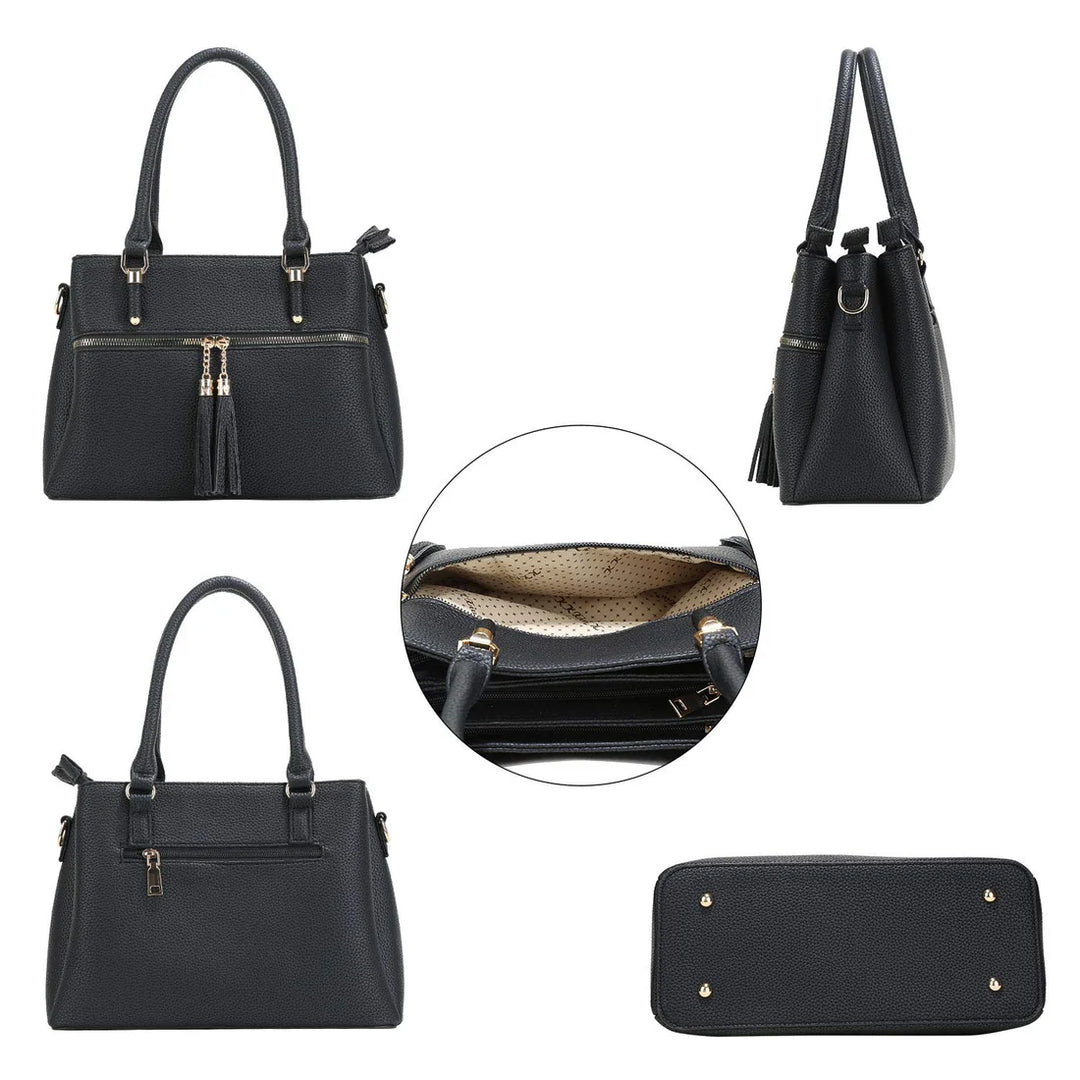 Ladies Black Colour Faux Leather Grab Handle/ Shoulder Bag With Detachable Strap