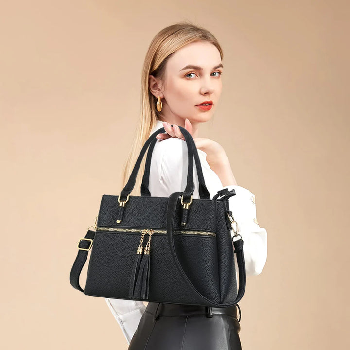 Ladies Black Colour Faux Leather Grab Handle/ Shoulder Bag With Detachable Strap