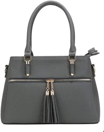 Ladies Grey Colour Faux Leather Grab Handle/ Shoulder Bag With Detachable Strap