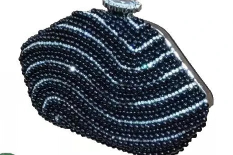 Women Wedding Party Prom Jazzy Black Beaded White Diamante Hard Compact Purse