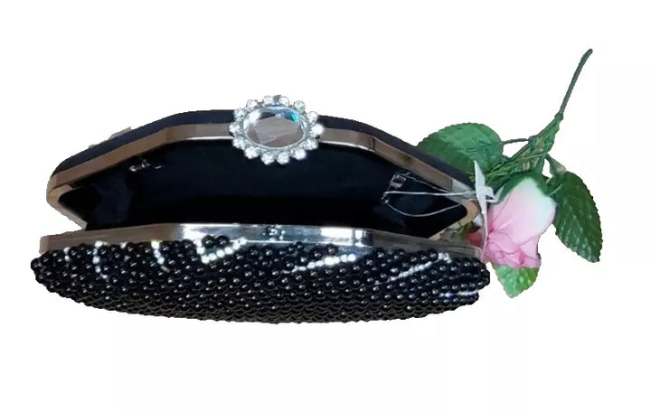 Women Wedding Party Prom Jazzy Black Beaded White Diamante Hard Compact Purse