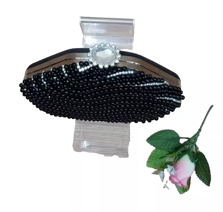 Women Wedding Party Prom Jazzy Black Beaded White Diamante Hard Compact Purse