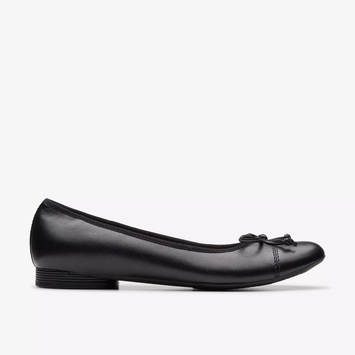 Clarks Collection Loreleigh Rae Ladies Black Leather Flat Dolly Shoes With Bow