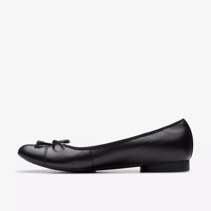 Clarks Collection Loreleigh Rae Ladies Black Leather Flat Dolly Shoes With Bow