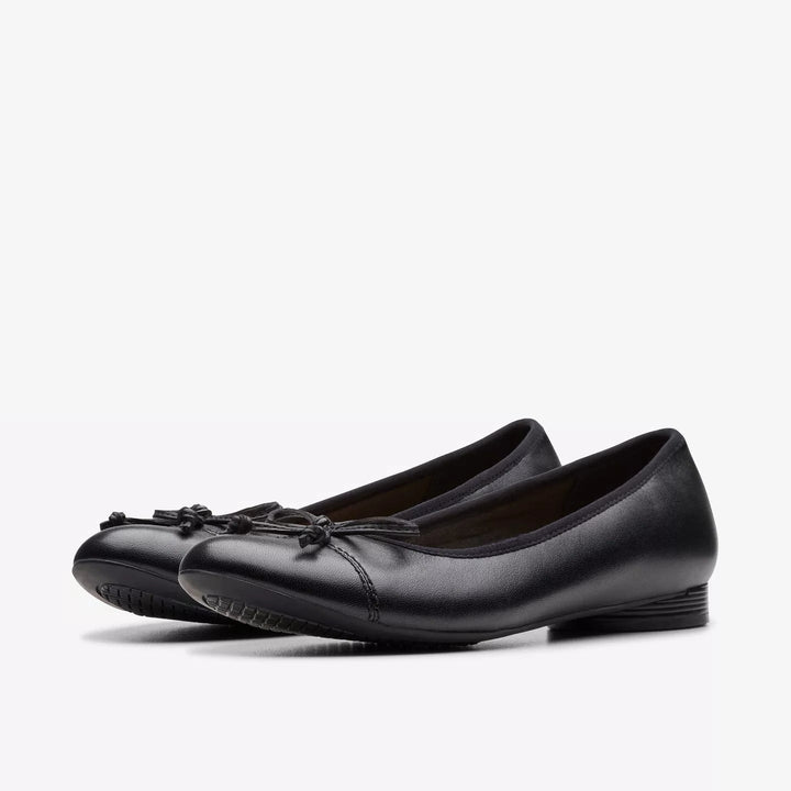 Clarks Collection Loreleigh Rae Ladies Black Leather Flat Dolly Shoes With Bow