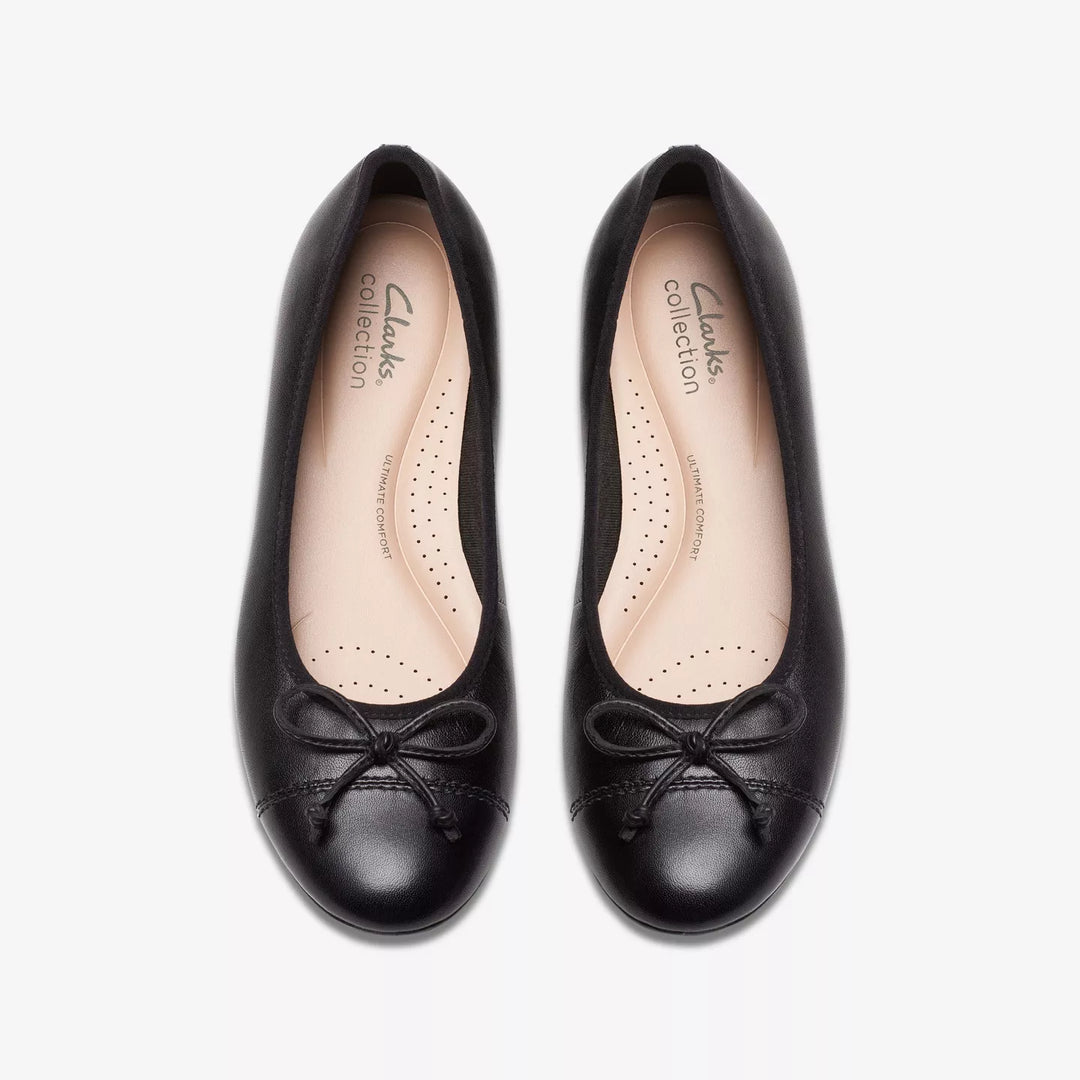 Clarks Collection Loreleigh Rae Ladies Black Leather Flat Dolly Shoes With Bow