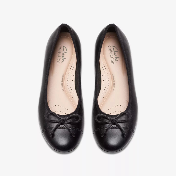 Clarks Collection Loreleigh Rae Ladies Black Leather Flat Dolly Shoes With Bow