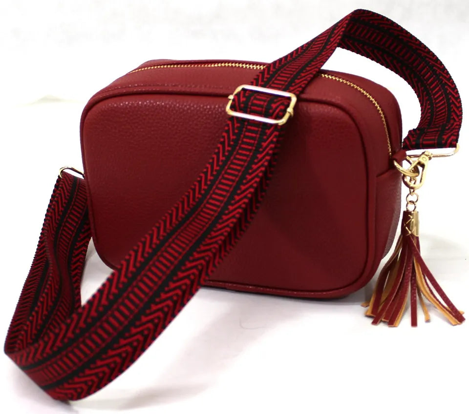 Ladies Crossbody Shoulder Bag Single Zip Compartment  With Adjustable Fabric Strap And Tassel Red