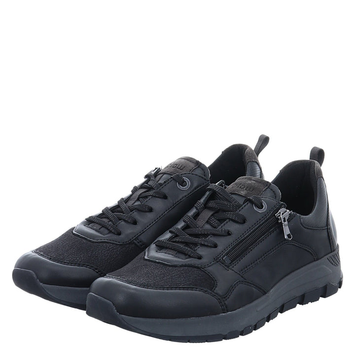 Waldlaufer H-Richard Wide Fit Black Leather With Stretch Lycra, Lace & Zip Fasten Athleisure Trainers
