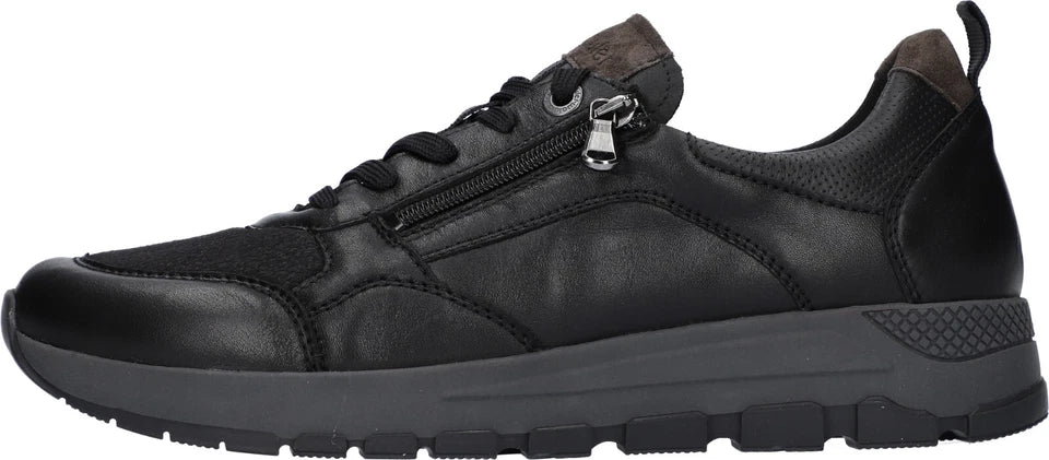 Waldlaufer H-Richard Wide Fit Black Leather With Stretch Lycra, Lace & Zip Fasten Athleisure Trainers
