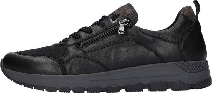 Waldlaufer H-Richard Wide Fit Black Leather With Stretch Lycra, Lace & Zip Fasten Athleisure Trainers