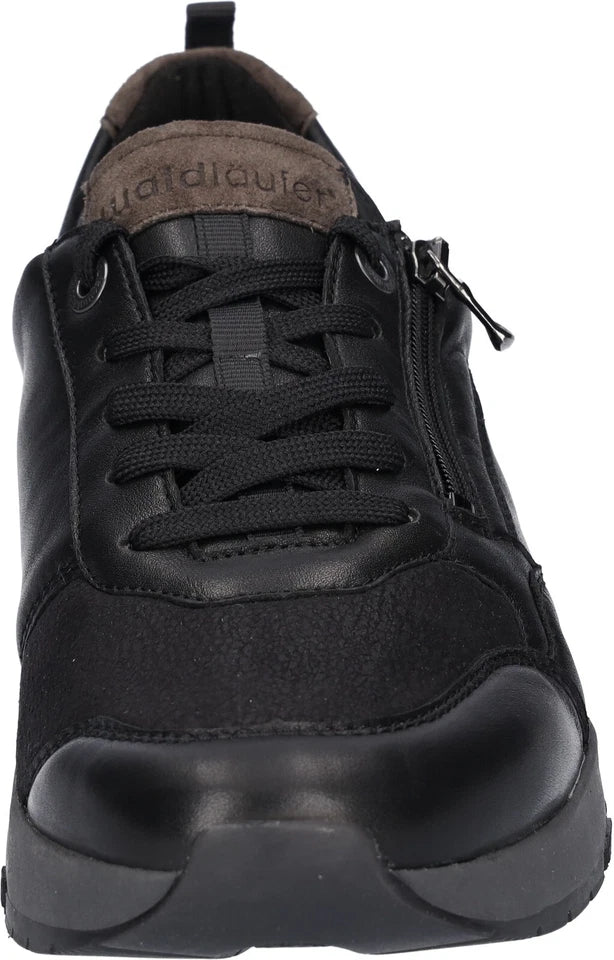 Waldlaufer H-Richard Wide Fit Black Leather With Stretch Lycra, Lace & Zip Fasten Athleisure Trainers