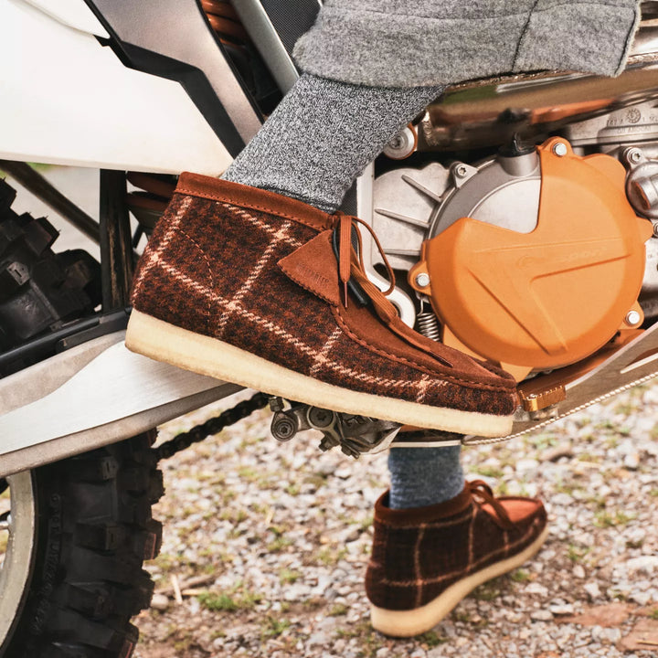 Clarks Originals Limited Edition Mens Brown Check Combination Harris Tweed Wallabee Lace Up Boots Crepe Soles Leather Fobs