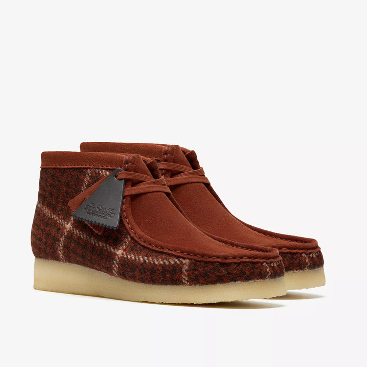 Clarks Originals Limited Edition Mens Brown Check Combination Harris Tweed Wallabee Lace Up Boots Crepe Soles Leather Fobs