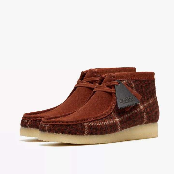 Clarks Originals Limited Edition Mens Brown Check Combination Harris Tweed Wallabee Lace Up Boots Crepe Soles Leather Fobs