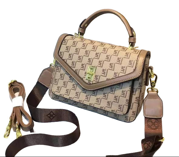Ladies Designer Inspired Taupe Combination Monogram Grab Handle Handbag With 2 Detachable Cross Body Straps