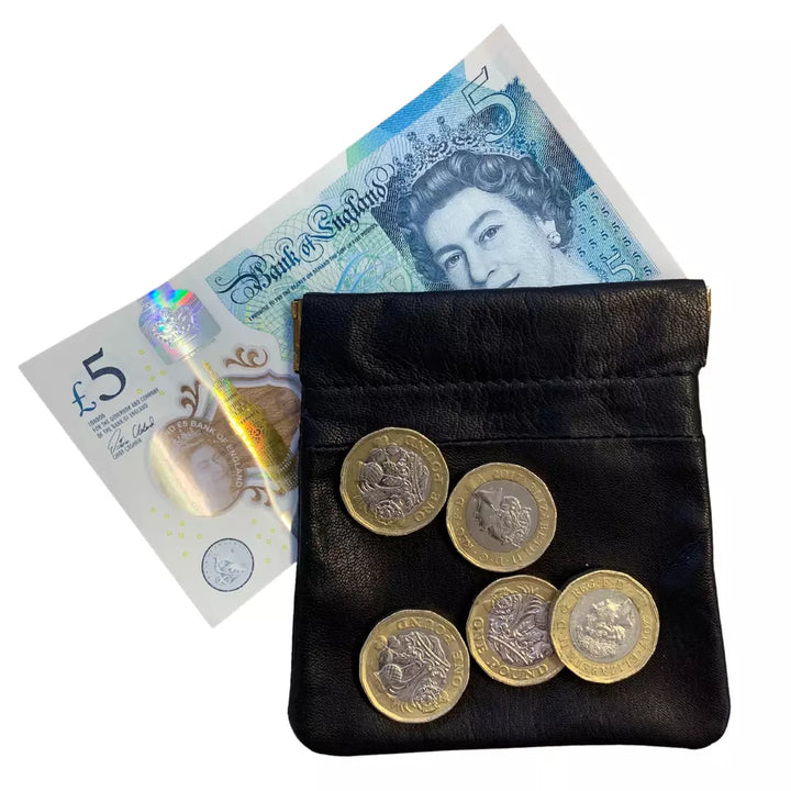 Forest Unisex Black Grained Leather Hinged Snap Top Pouch Purse