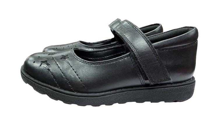 Chatterbox Star Gaze Girls Black Leather Touch Fasten Mary Jane Style School Shoes With Star Pattern