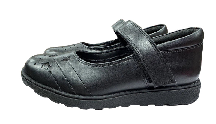 Chatterbox Star Gaze Girls Black Leather Touch Fasten Mary Jane Style School Shoes With Star Pattern