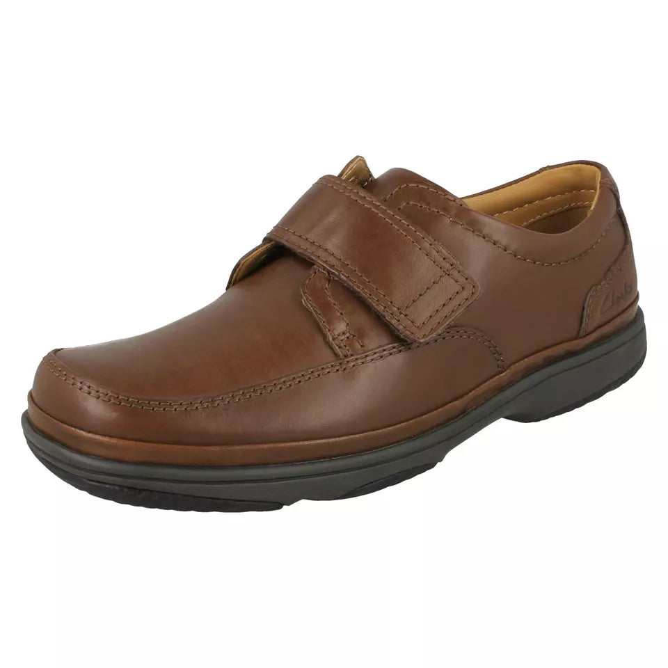 Clarks Swift Turn Mens Tan Brown Leather WIDE H FIT Lightweight Shoes With Single Touch Fasten Strap (Copy)