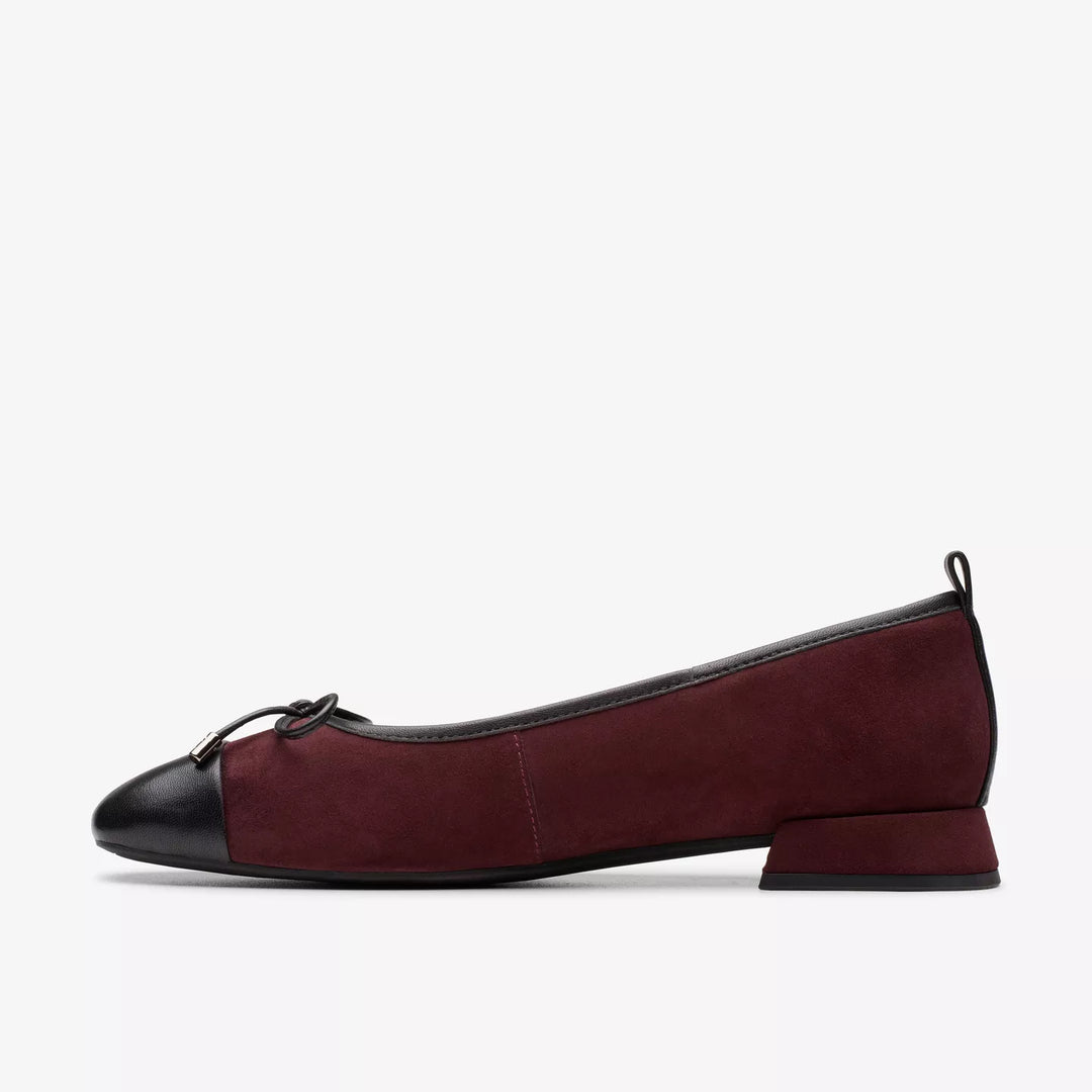 Clarks Signature Ladies Suede/Leather Combination Dolly Low Heel Court Shoes Merlot/Black