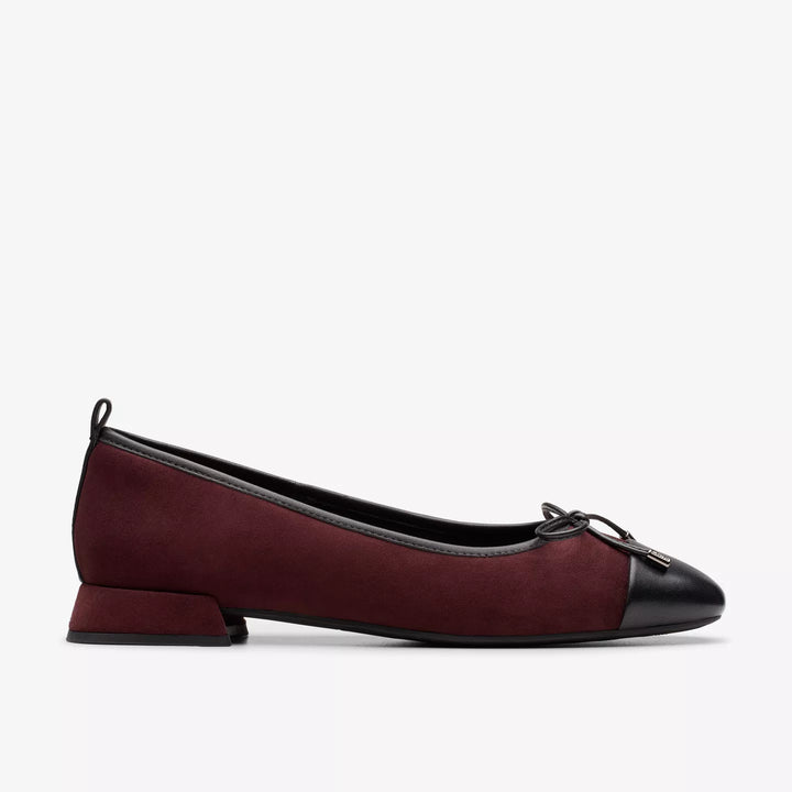 Clarks Signature Ladies Suede/Leather Combination Dolly Low Heel Court Shoes Merlot/Black